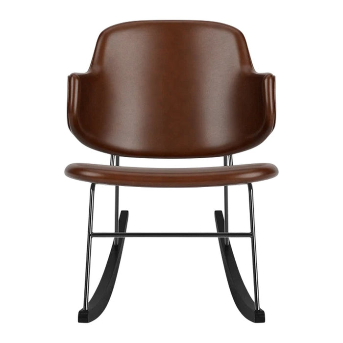 Brown leather rocking chair with minimalist design and black metal rockers, offering a sleek modern look.