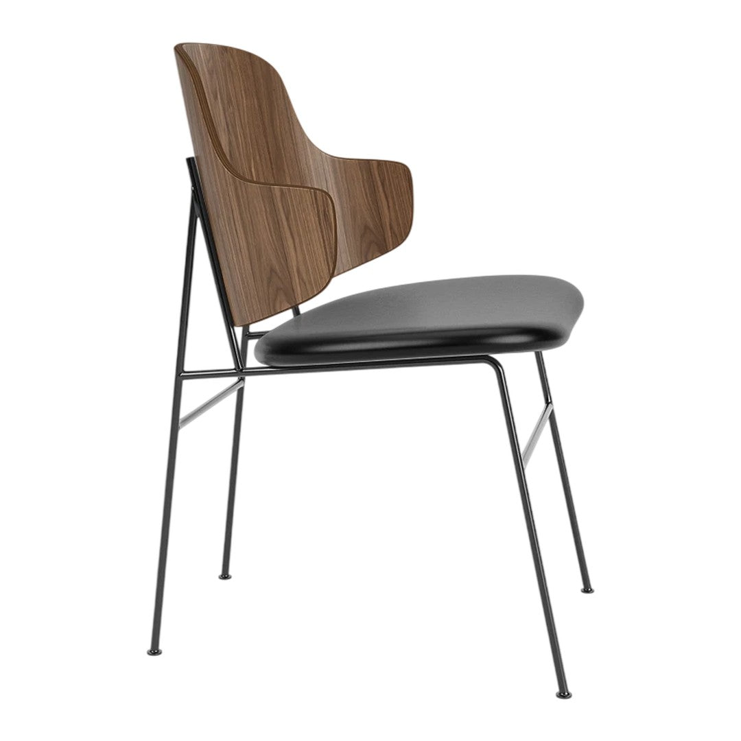 Modern chair with a sleek black seat and warm wooden backrest, featuring minimalist metal legs.
