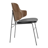 Modern chair with a sleek black seat and warm wooden backrest, featuring minimalist metal legs.