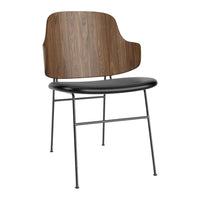 "Modern chair with a walnut wood backrest, sleek black seat, and metallic gray legs for a stylish look."