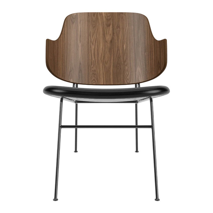 "Modern chair with a walnut wood backrest and sleek black seat, featuring minimalist metal legs."