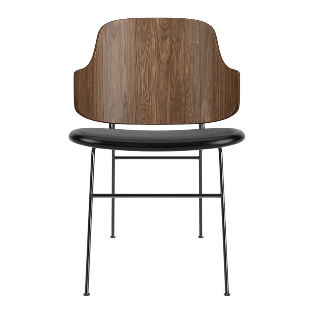Stylish black chair with a walnut wood backrest and sleek black seat, featuring minimalist metal legs.