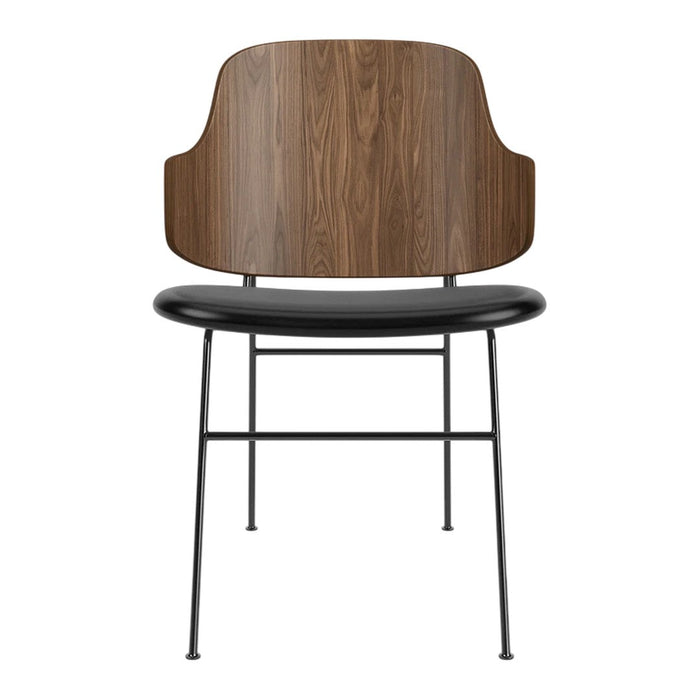 Stylish black chair with a walnut wood backrest and sleek black seat, featuring minimalist metal legs.