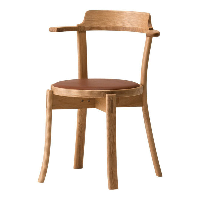 Light natural wood chair with a warm brown leather seat. Minimalist design with clean lines and a modern finish.