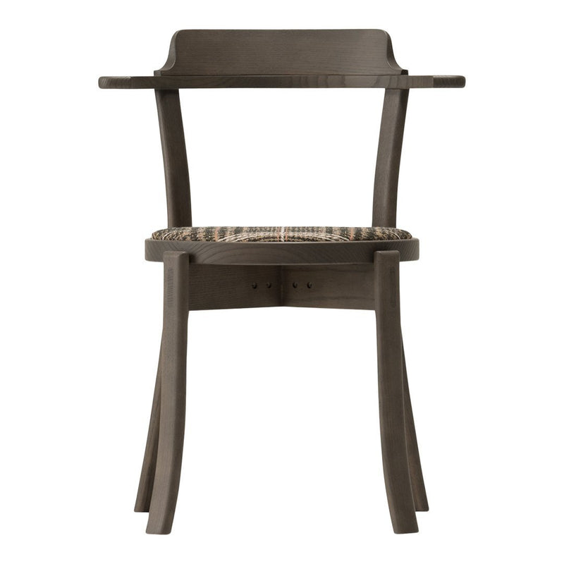 Dark wood chair with a woven natural seat, featuring clean lines and a simple, modern design.