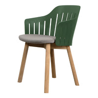 Green slatted chair with a gray seat cushion and wooden legs, offering a modern and stylish design.