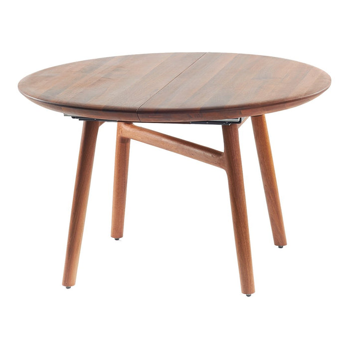 Round wooden table with a smooth, natural finish and warm brown tones, featuring a minimalist design.