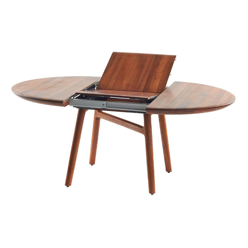 Modern oval dining table in rich walnut finish with smooth surface and elegant wooden legs. Versatile and stylish design.