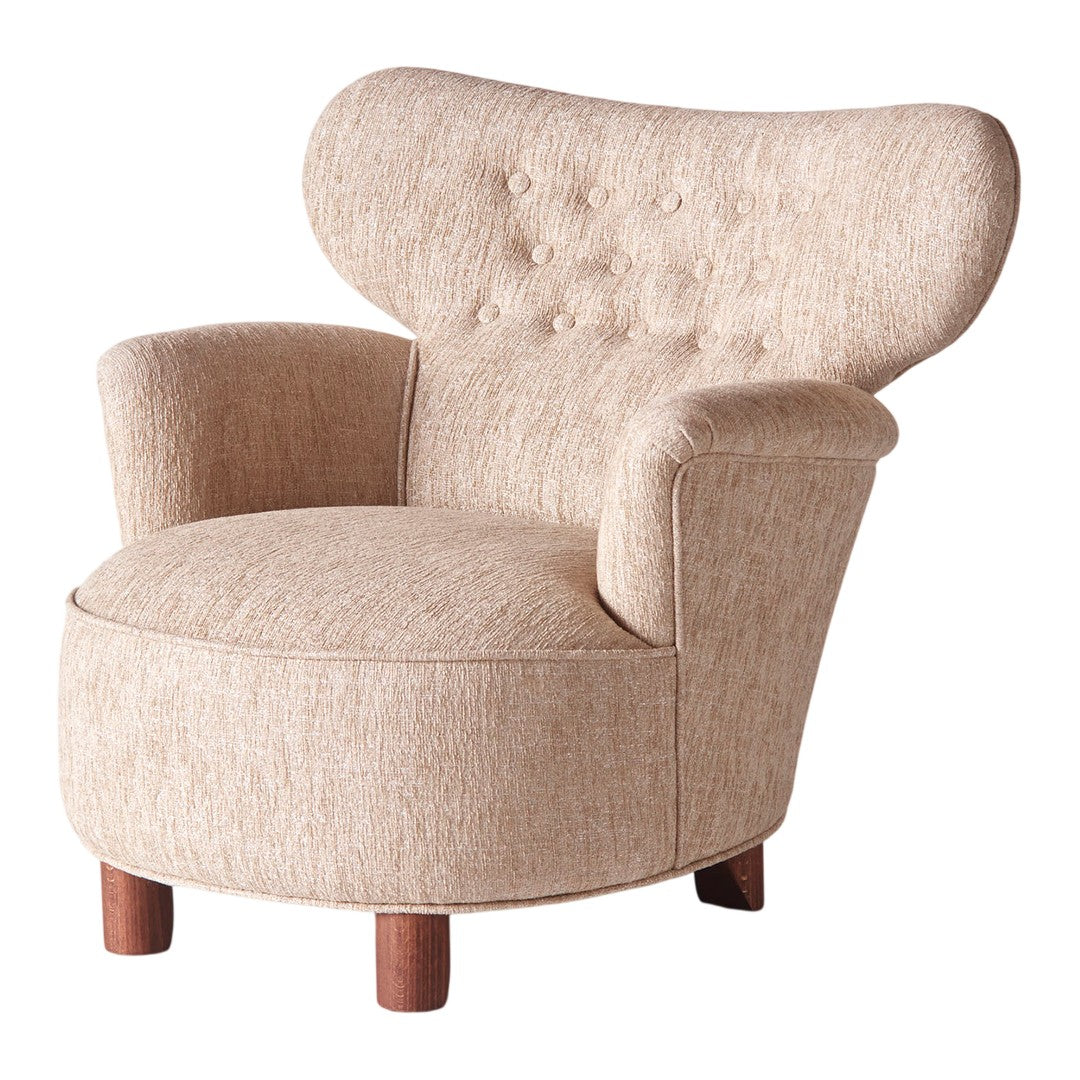 Beige upholstered armchair with a textured finish and button detailing, featuring rounded arms and wooden legs.