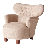 Beige upholstered armchair with a textured finish and button detailing, featuring rounded arms and wooden legs.
