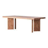 Natural wood dining table with a warm brown finish and sleek, minimalist design.