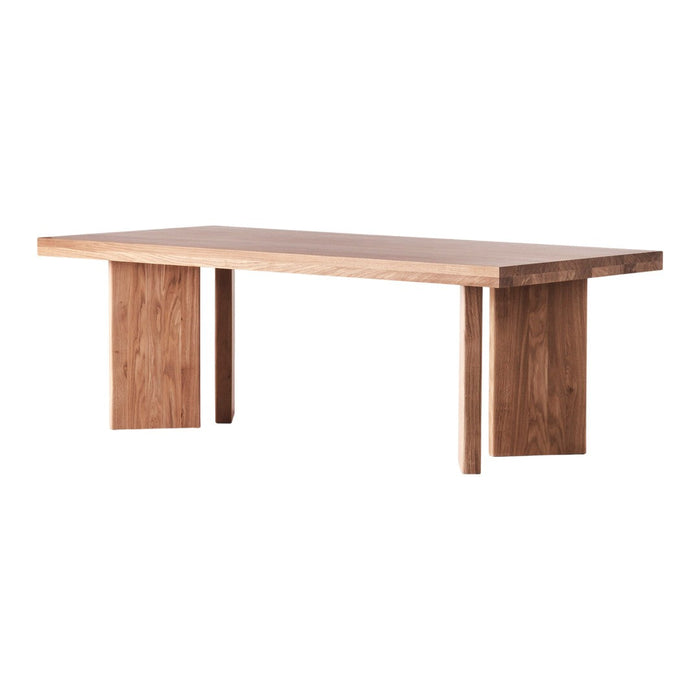 Natural wood dining table with a warm brown finish and sleek, minimalist design.