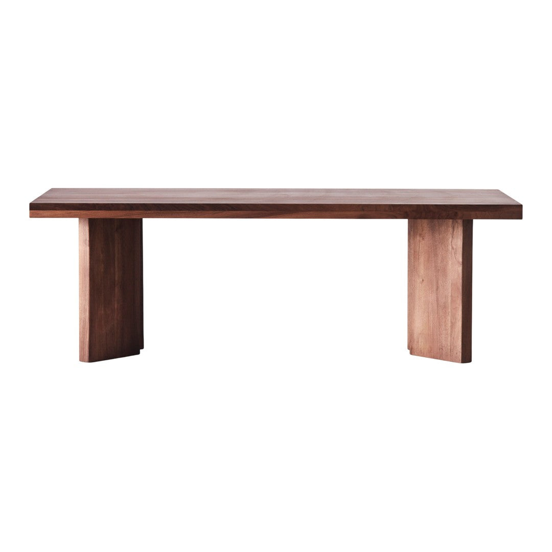 Rustic brown wood bench with a smooth finish and sleek, minimalist design. Ideal for modern decor.