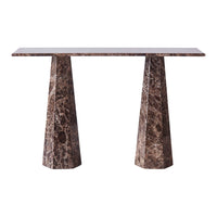 Brown marble console table with geometric pedestal legs and a smooth top, showcasing rich earthy tones and natural patterns.