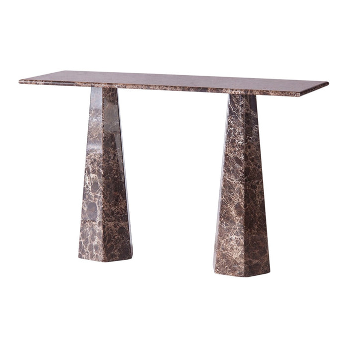 Brown marble console table with a sleek, polished finish and geometric pedestal legs, showcasing rich veining patterns.