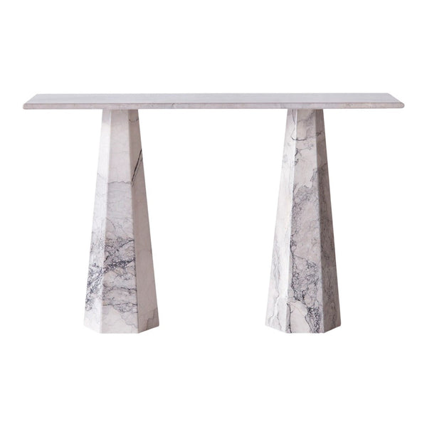 Elegant white marble console table with subtle gray veining and a smooth, polished finish. Ideal for modern decor.