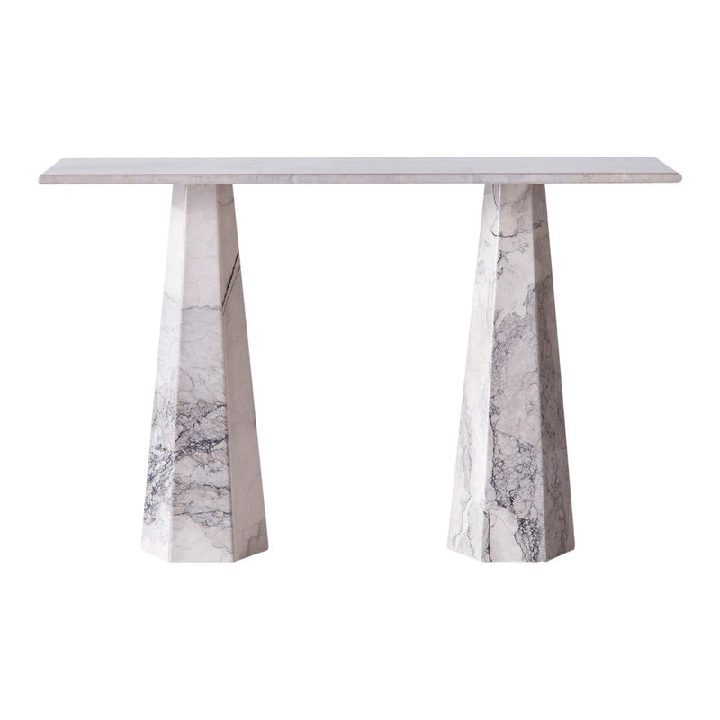 Elegant white marble console table with subtle gray veining and a smooth, polished finish. Ideal for modern decor.