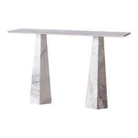 Elegant white marble console table with subtle gray veining and a sleek geometric design. Perfect for modern decor.
