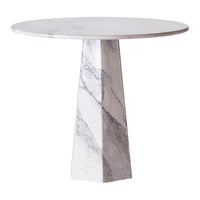 Round marble table with a sleek white surface and elegant gray veining, featuring a modern geometric pedestal base.