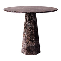Round marble table with a dark brown and speckled pattern, featuring a geometric pedestal base.