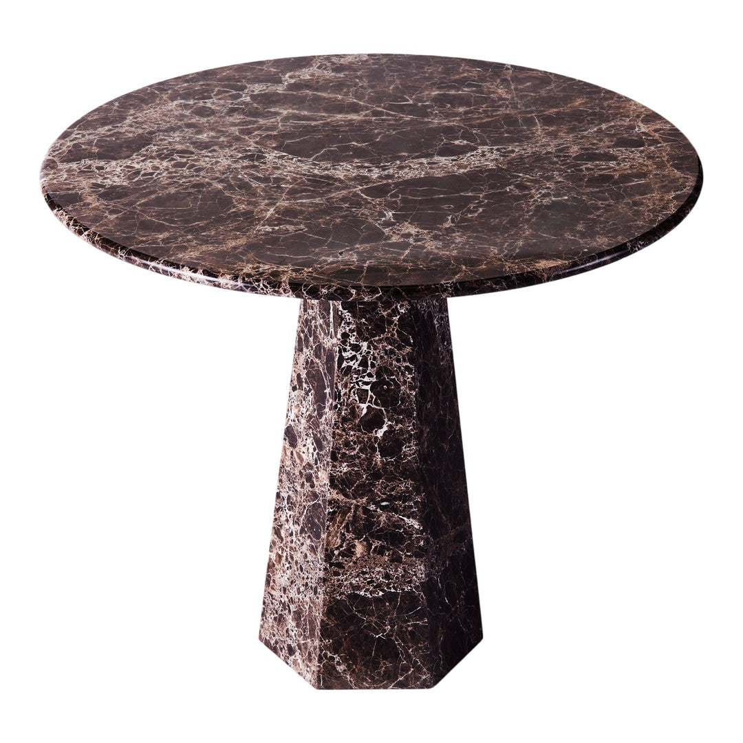 Round marble table with a rich brown and black mottled pattern, featuring a sleek, modern design.