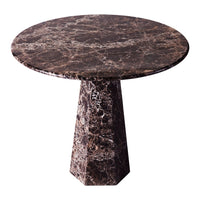 Round marble table with a rich brown and black mottled pattern, featuring a sleek, modern design.