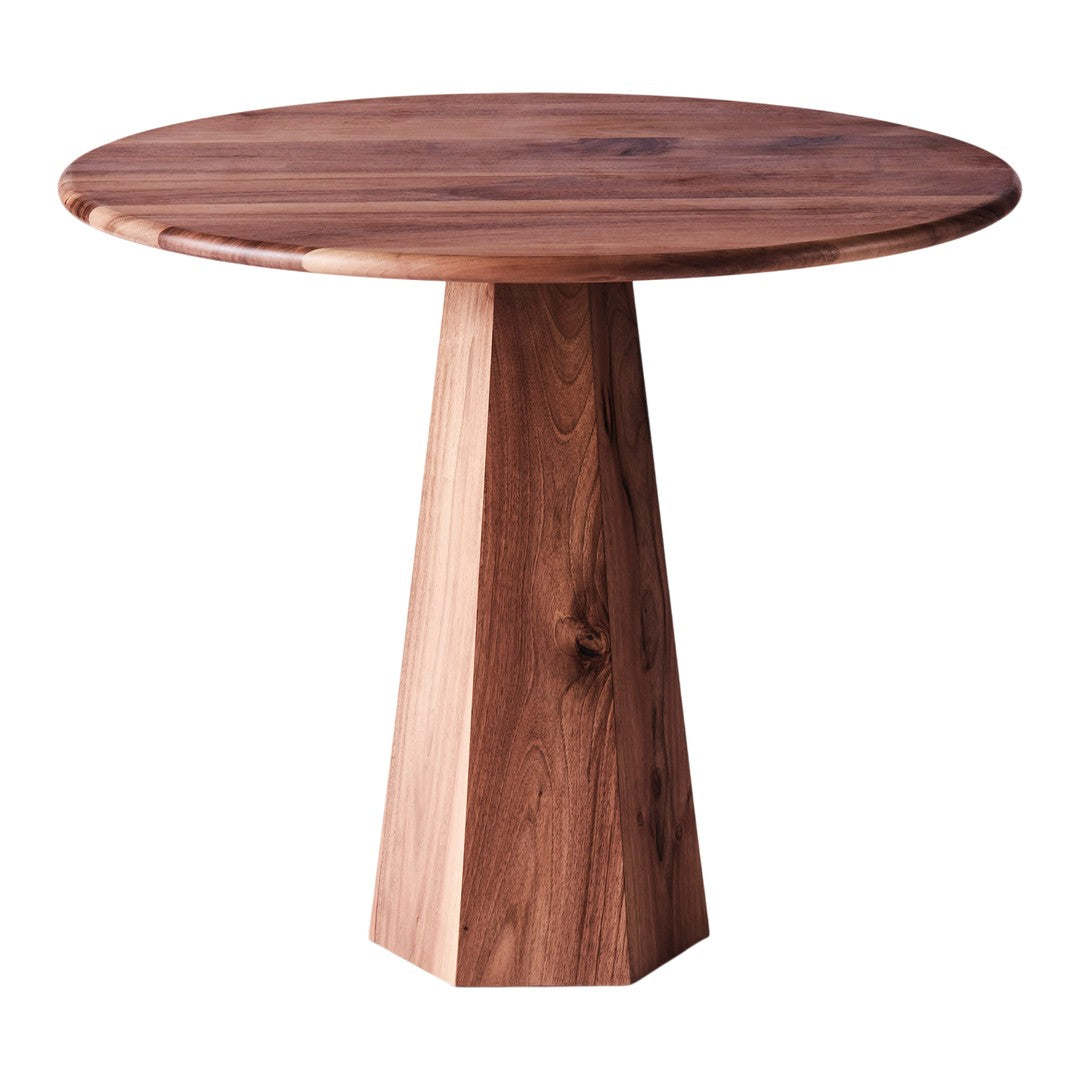 Round wooden table with a rich walnut finish and smooth, natural grain patterns. Perfect for modern interiors.