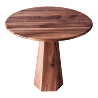 Round wooden table with a rich walnut finish and natural grain patterns, featuring a modern geometric base.
