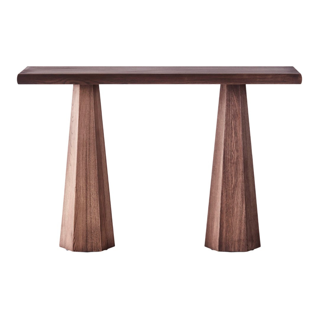Modern walnut console table with geometric, tapered legs and a smooth, rich brown surface. Perfect for stylish decor.