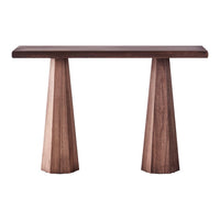 Modern walnut console table with geometric, tapered legs and a smooth, rich brown surface. Perfect for stylish decor.