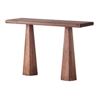 Natural wood console table with a rich brown finish and sleek, modern lines. Perfect for any contemporary decor.