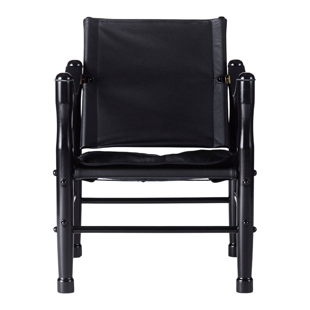 Black folding chair with a sleek matte finish and minimalist design, featuring solid fabric and sturdy frame.