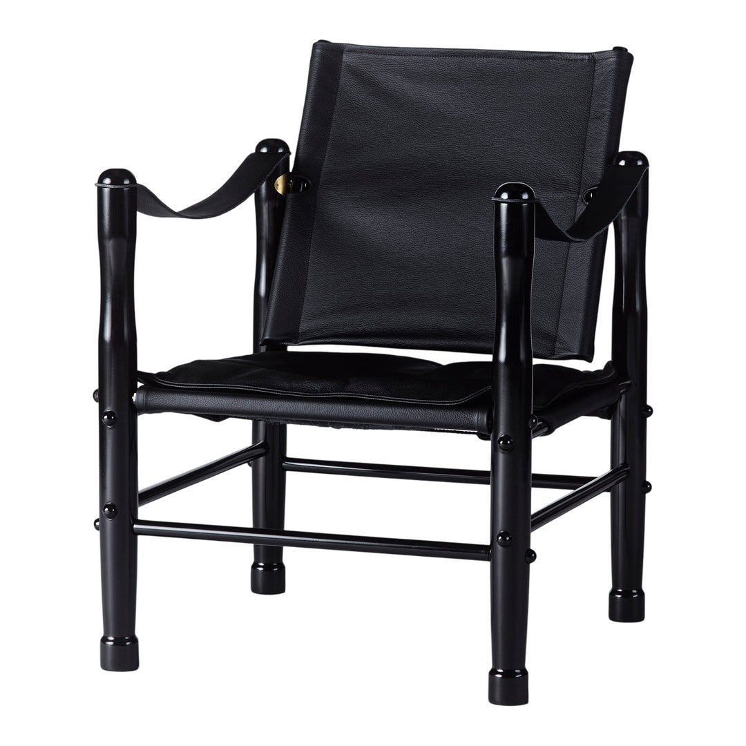 Black lounge chair with a minimalist design and clean lines, featuring a sleek fabric seat and backrest.