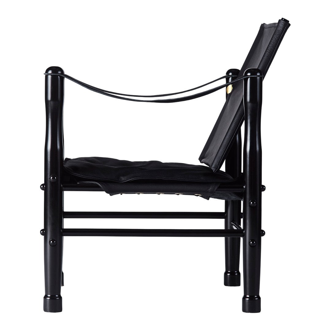 Black chair with a sleek design and leather seat, featuring minimalist lines and elegant simplicity.