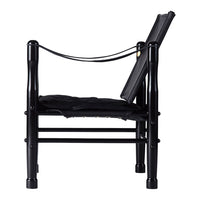 Black chair with a sleek design and leather seat, featuring minimalist lines and elegant simplicity.