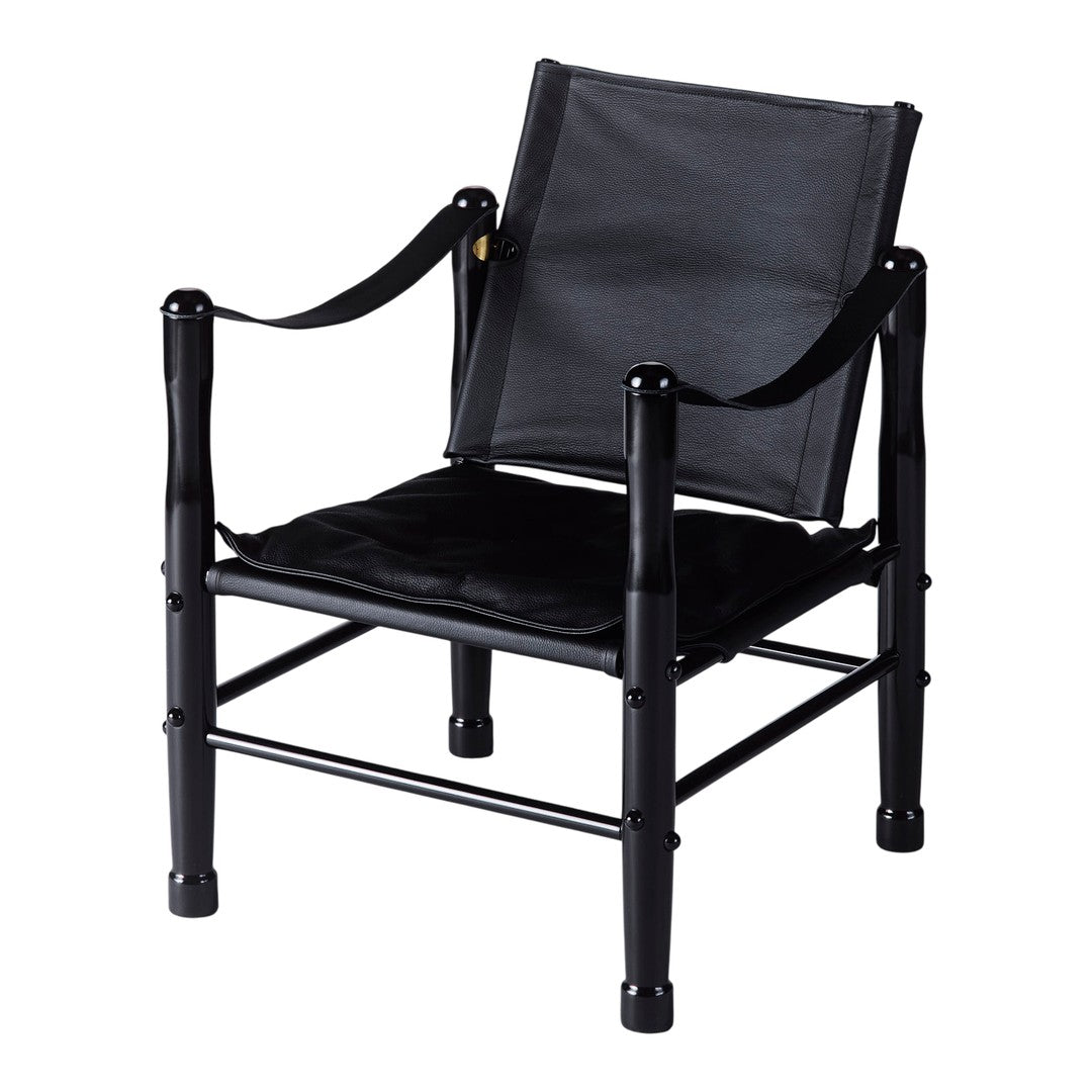 Black lounge chair with a sleek design and textured seat fabric, featuring a modern minimalist aesthetic.