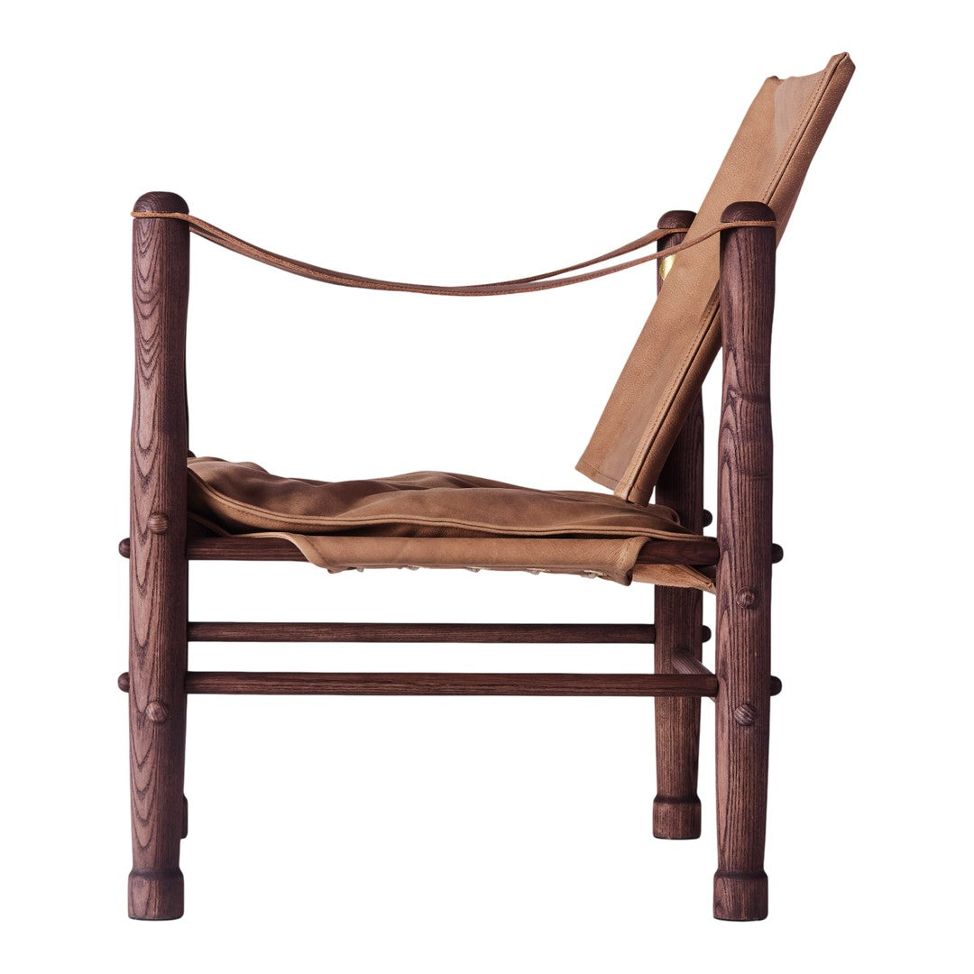 Natural wood tones with a tan leather seat and backrest, showcasing a rustic and minimalist design.