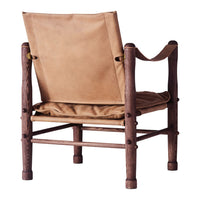 Tan leather chair with a rustic wooden frame, featuring simple lines and a minimalistic design. Perfect for modern spaces.