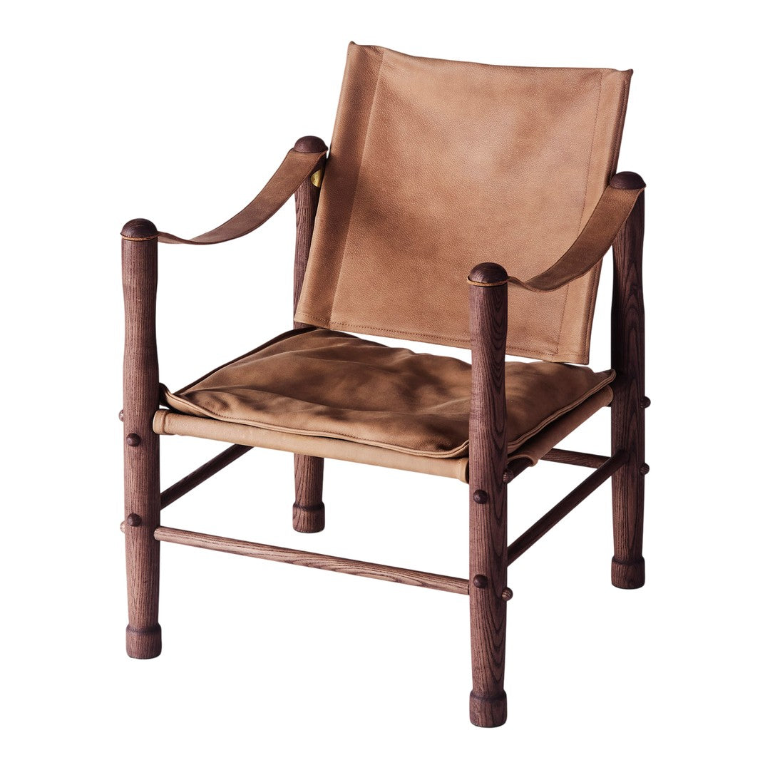 Tan fabric seat and backrest on a dark wood frame, showcasing a simple, modern design.