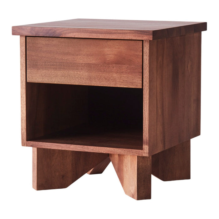 Wooden nightstand in rich brown finish with simple, clean lines and a minimalist design featuring a drawer and open space.