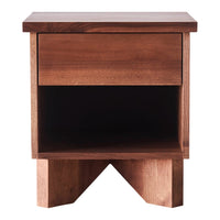 Walnut nightstand featuring a natural wood finish, clean lines, and a simple geometric pattern. Perfect for modern decor.