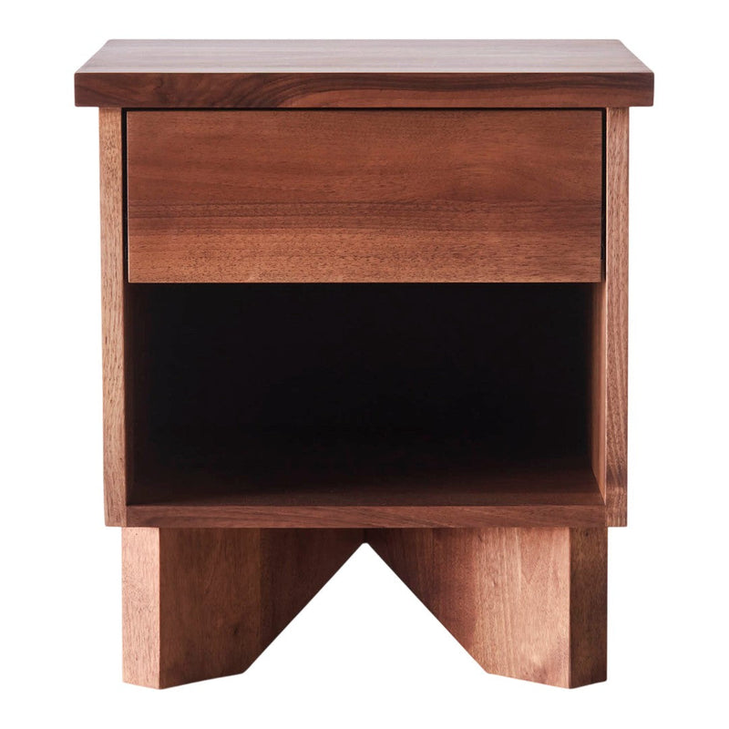 Walnut nightstand featuring a natural wood finish, clean lines, and a simple geometric pattern. Perfect for modern decor.