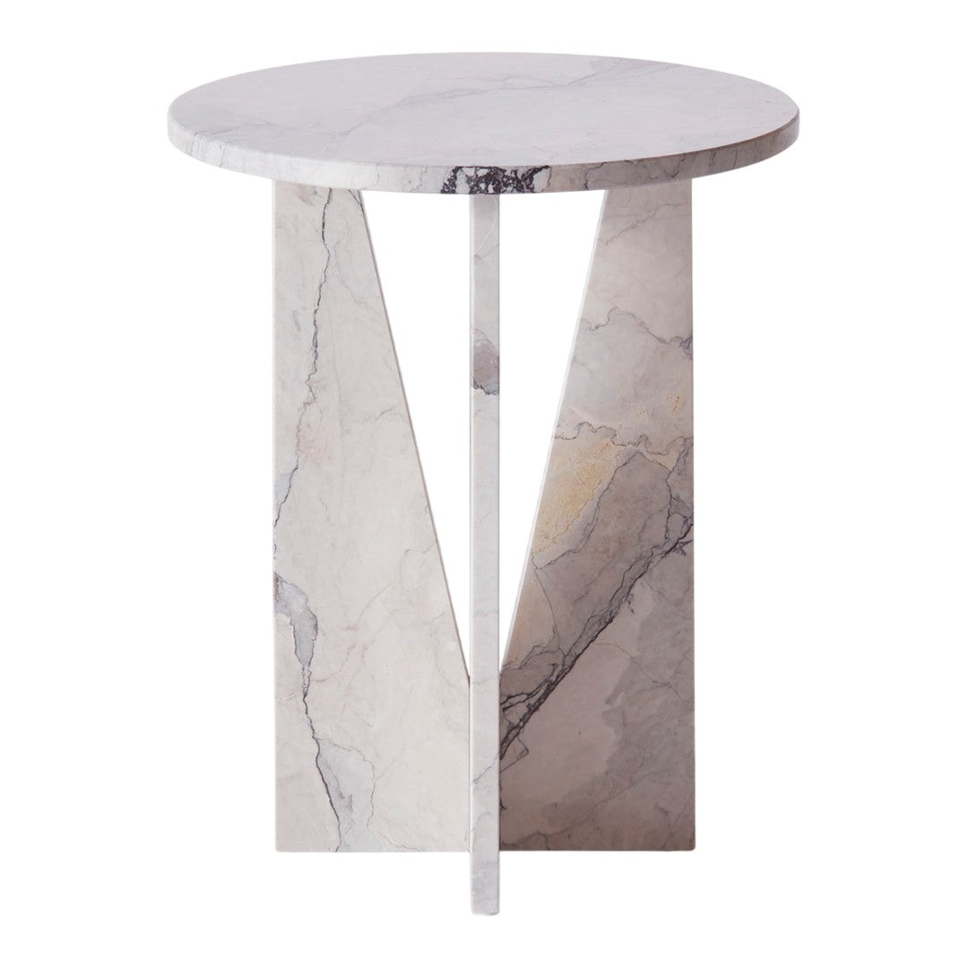 Round marble side table featuring soft grey and white hues with natural stone patterns. Chic and modern design.