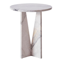 Round marble side table in soft white with subtle gray veining, featuring a geometric base design.