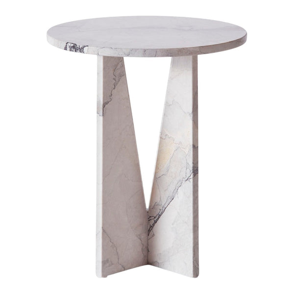Round marble side table in soft white with subtle gray veining, featuring a geometric base design.