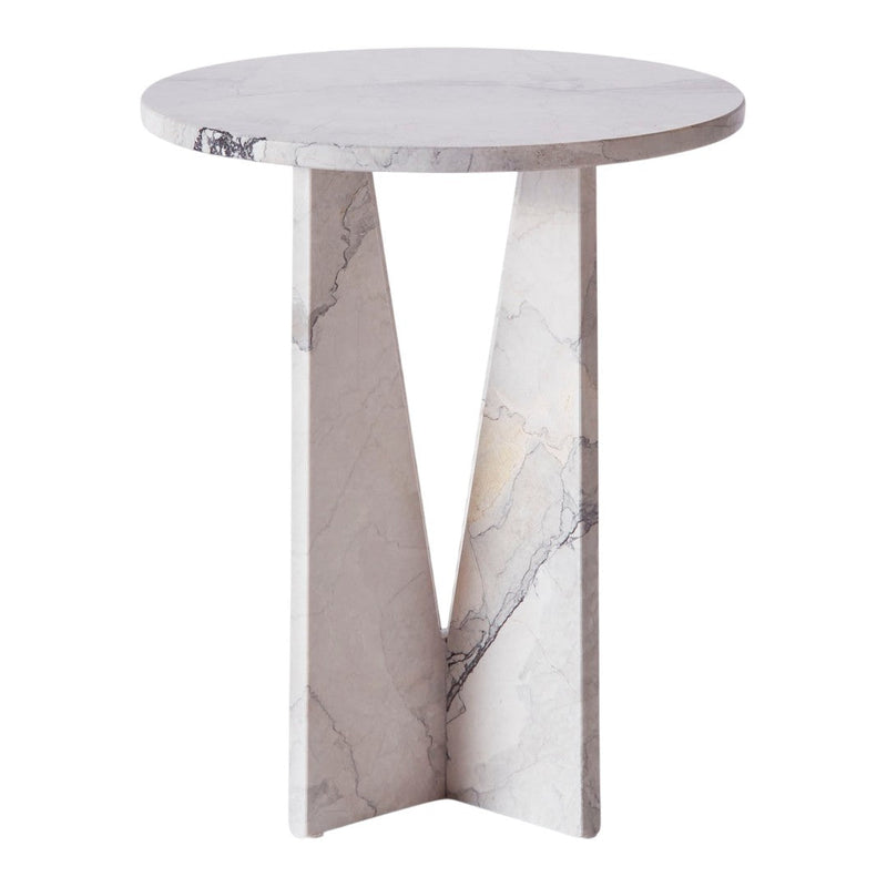 Round marble side table in soft white with subtle gray veining, featuring a geometric base design.