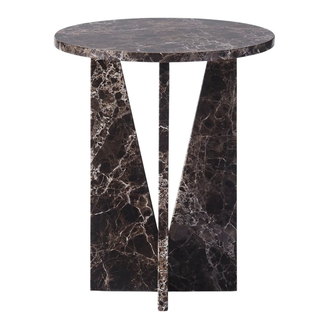 Round black marble side table with unique veining and geometric base design. Elegant, modern home decor piece.