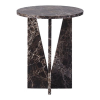 Round black marble side table with unique veining and geometric base design. Elegant, modern home decor piece.