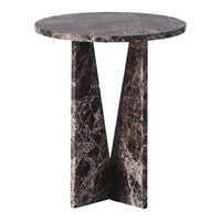 Round marble side table in rich dark hues with unique veining patterns, perfect for modern decor.