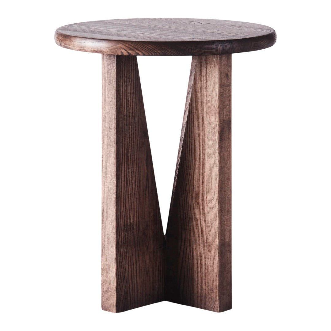 Round wooden side table with a natural finish and geometric V-shaped base in rich brown tones.